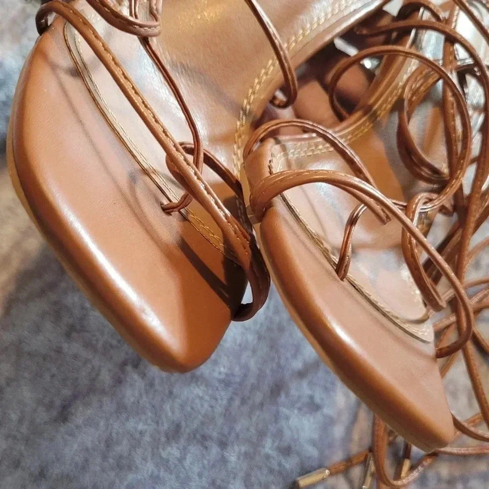Women's 9 Caramel square toe strappy wrap around laces sandals crystal heels